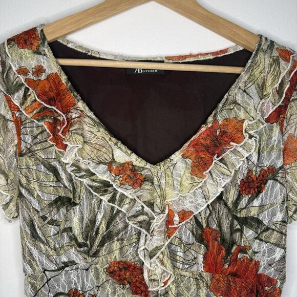 AB Studio Y2K Ruched Floral Mesh Top Fairy Grunge Ruffle Romantic Stretch XL - Picture 8 of 15